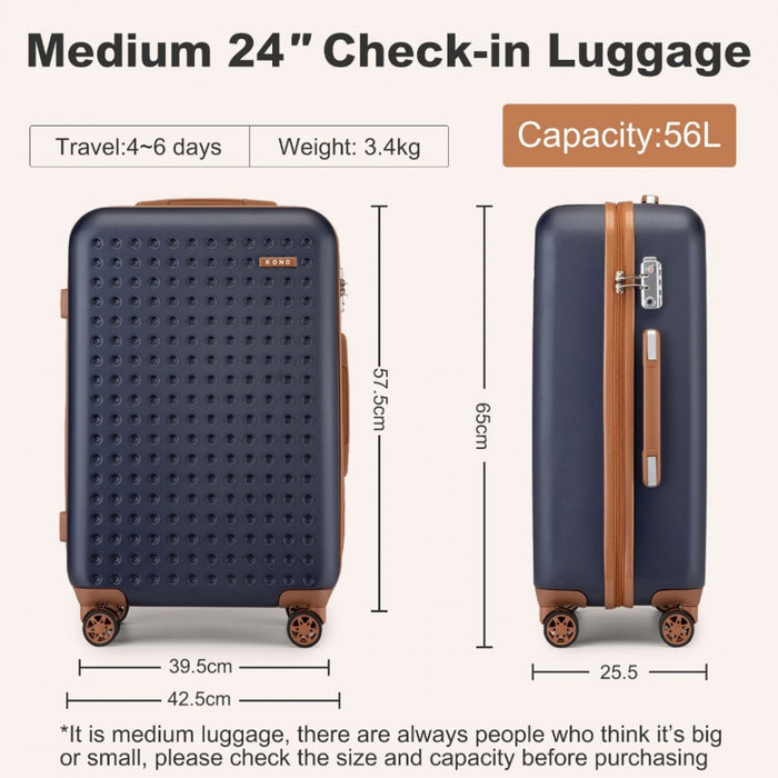 KSK2486 - Kono ABS+PC Polka Dot Hard Shell Suitcase 6 Piece Set Including Vanity Case Weekend Bag And Toiletry Bag- Navy And Brown