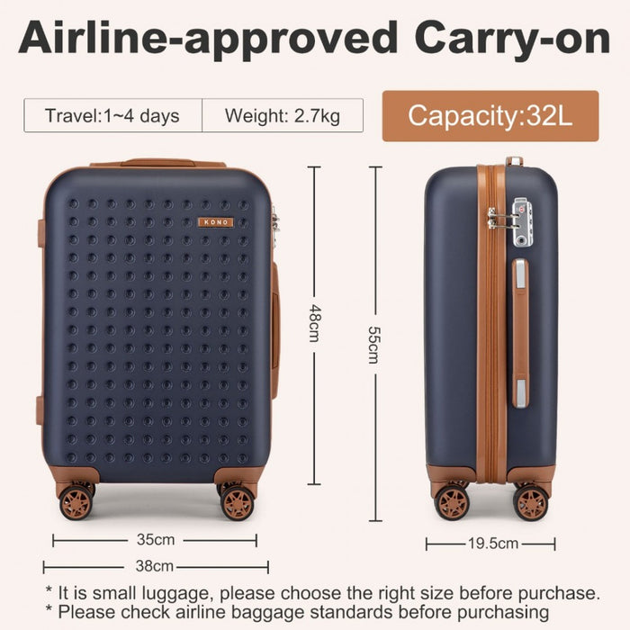 KSK2486 - Kono ABS+PC Polka Dot Hard Shell Suitcase 6 Piece Set Including Vanity Case Weekend Bag And Toiletry Bag- Navy And Brown