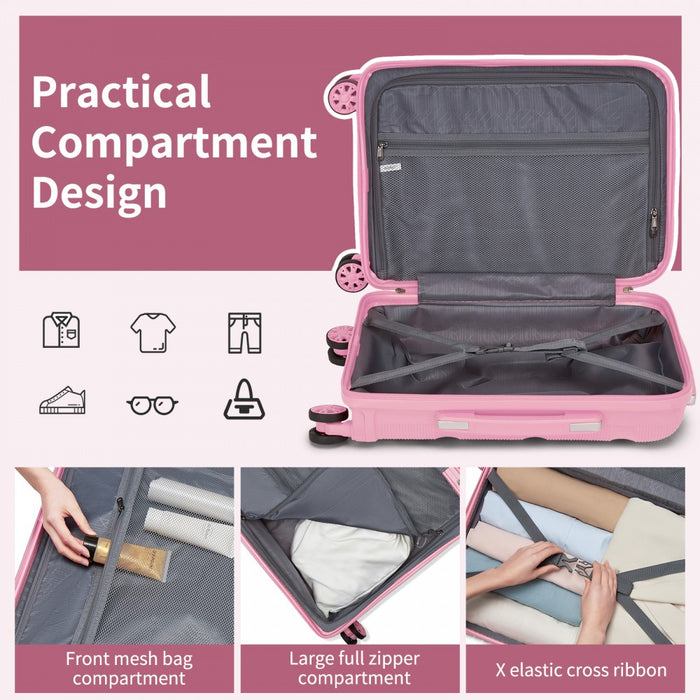 KSK2492 - Kono 19-Inch PP Hardshell Carry-On Suitcase–Lightweight Cabin Luggage with TSA Lock, 360° Silent Spinner Wheels - Pink