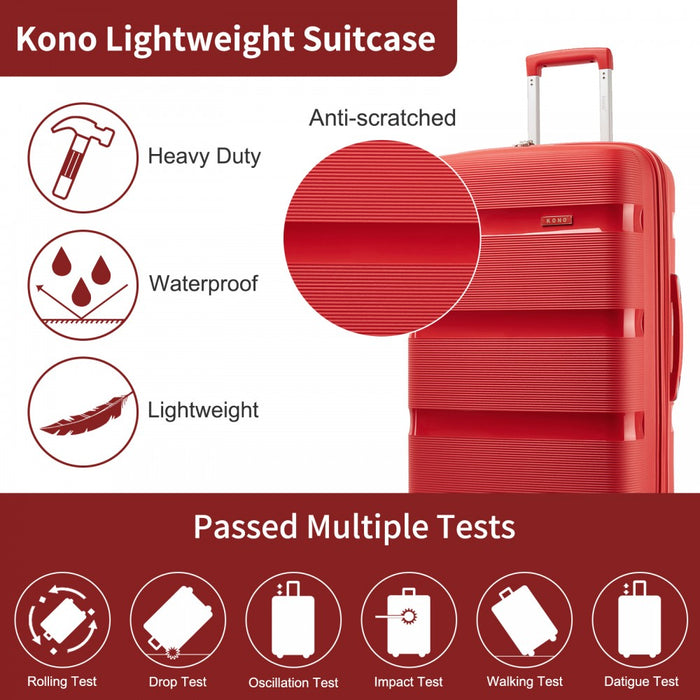 KSK2492 - Kono 19-Inch PP Hardshell Carry-On Suitcase–Lightweight Cabin Luggage with TSA Lock, 360° Silent Spinner Wheels - Red