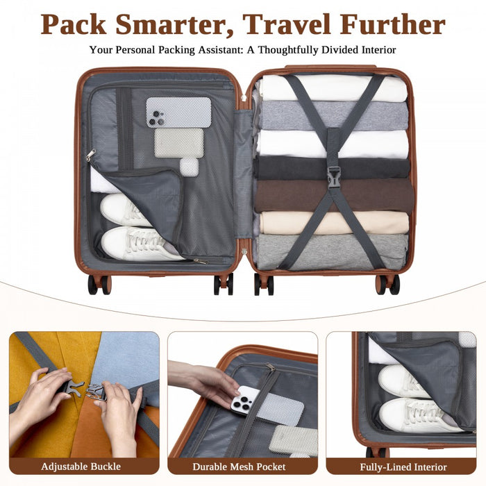 KSK2584 - Kono Scratch-Resistant 20-Inch Hard Shell Cabin Suitcase with Horizontal Stripe Design, Brown Accents & Spinner Wheels - Black and Brown