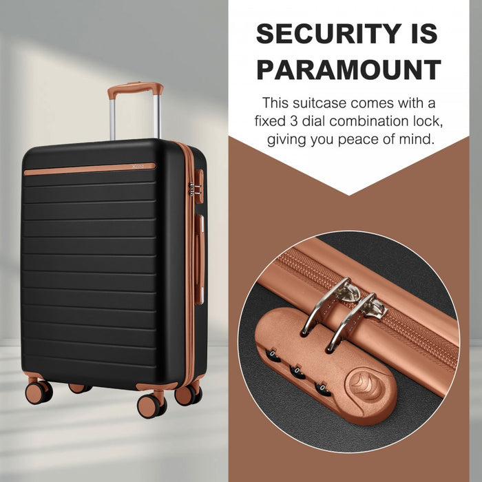 KSK2584 - Kono Scratch-Resistant 20-Inch Hard Shell Cabin Suitcase with Horizontal Stripe Design, Brown Accents & Spinner Wheels - Black and Brown