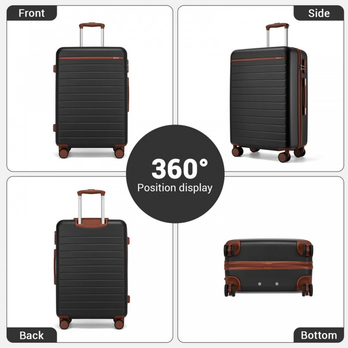 KSK2584 - Kono Scratch-Resistant 20-Inch Hard Shell Cabin Suitcase with Horizontal Stripe Design, Brown Accents & Spinner Wheels - Black and Brown