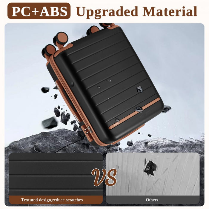 KSK2584 - Kono Scratch-Resistant 20-Inch Hard Shell Cabin Suitcase with Horizontal Stripe Design, Brown Accents & Spinner Wheels - Black and Brown