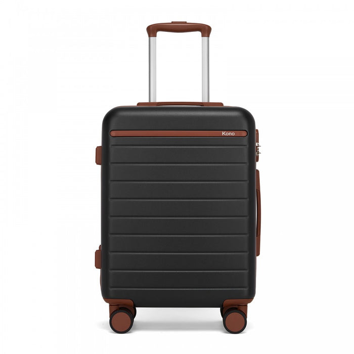 KSK2584 - Kono Scratch-Resistant 20-Inch Hard Shell Cabin Suitcase with Horizontal Stripe Design, Brown Accents & Spinner Wheels - Black and Brown