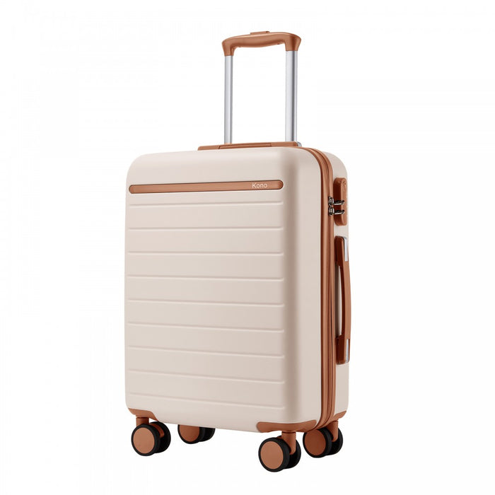 KSK2584 - Kono Scratch-Resistant 20-Inch Hard Shell Cabin Suitcase with Horizontal Stripe Design, Brown Accents & Spinner Wheels - Cream and Brown