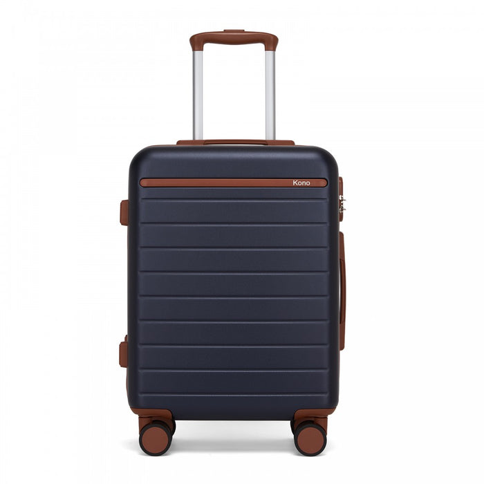 KSK2584 - Kono Scratch-Resistant 20-Inch Hard Shell Cabin Suitcase with Horizontal Stripe Design, Brown Accents & Spinner Wheels - Navy and Brown