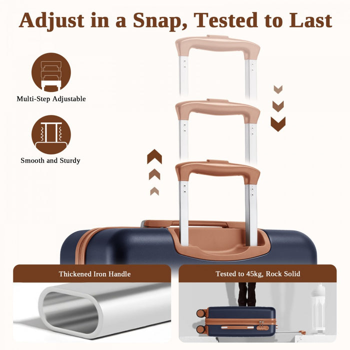 KSK2584 - Kono Scratch-Resistant 20-Inch Hard Shell Cabin Suitcase with Horizontal Stripe Design, Brown Accents & Spinner Wheels - Navy and Brown