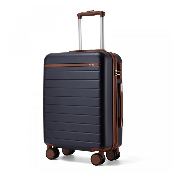 KSK2584 - Kono Scratch-Resistant 20-Inch Hard Shell Cabin Suitcase with Horizontal Stripe Design, Brown Accents & Spinner Wheels - Navy and Brown