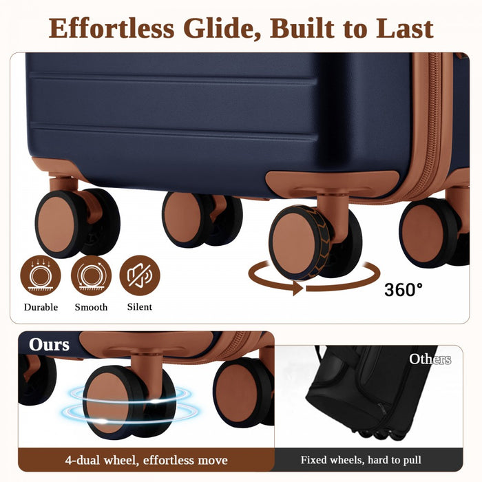 KSK2584 - Kono Scratch-Resistant 20-Inch Hard Shell Cabin Suitcase with Horizontal Stripe Design, Brown Accents & Spinner Wheels - Navy and Brown