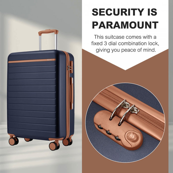 KSK2584 - Kono Scratch-Resistant 20-Inch Hard Shell Cabin Suitcase with Horizontal Stripe Design, Brown Accents & Spinner Wheels - Navy and Brown