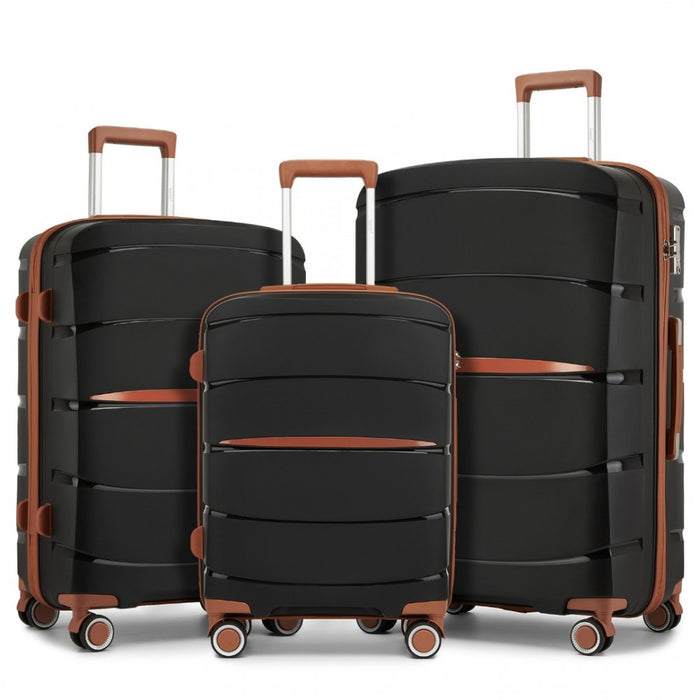 KSK2591 - Kono 20/24/28 inch PP Modern Scratch-Resistant Suitcase Set with TSA Lock & Stylish Brown Accents - Black and Brown