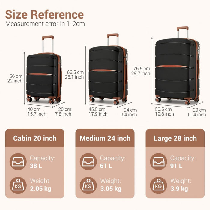 KSK2591 - Kono 20/24/28 inch PP Modern Scratch-Resistant Suitcase Set with TSA Lock & Stylish Brown Accents - Black and Brown