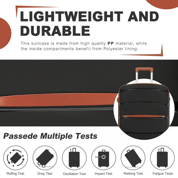 KSK2591 - Kono 20/24/28 inch PP Modern Scratch-Resistant Suitcase Set with TSA Lock & Stylish Brown Accents - Black and Brown