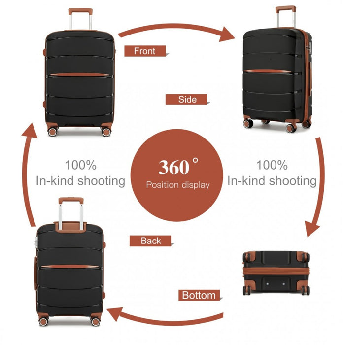 KSK2591 - Kono 20/24/28 inch PP Modern Scratch-Resistant Suitcase Set with TSA Lock & Stylish Brown Accents - Black and Brown