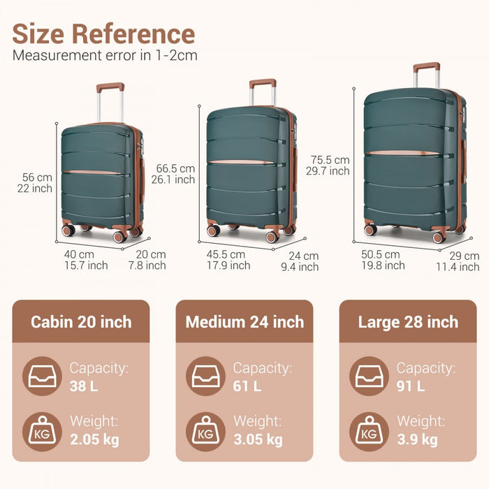 KSK2591 - Kono 20/24/28 inch PP Modern Scratch-Resistant Suitcase Set with TSA Lock & Stylish Brown Accents - Green and Brown