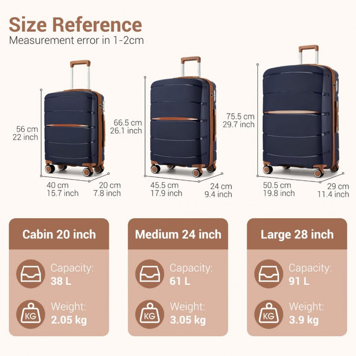KSK2591 - Kono 20-Inch PP Modern Scratch-Resistant Cabin Suitcase with TSA Lock & Stylish Brown Accents - Navy and Brown