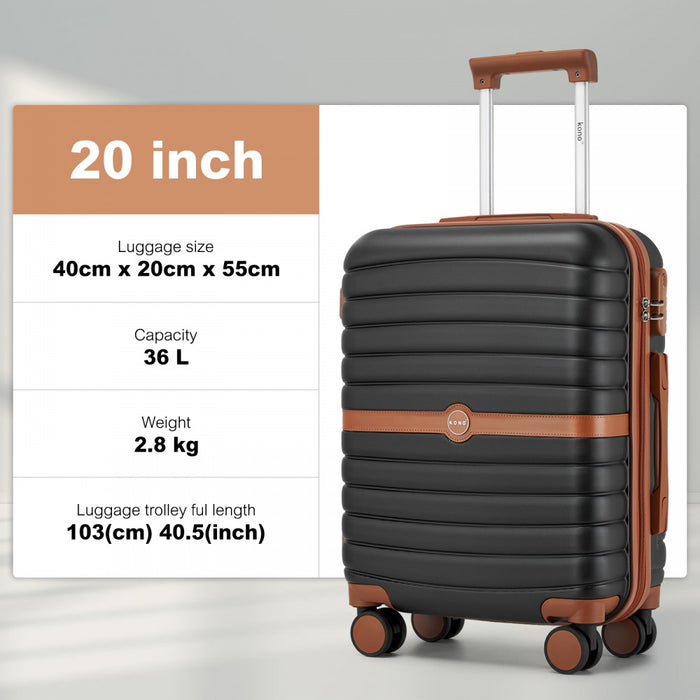 KSK2592+EA2212 - Kono 20 Inch ABS+PC Hard Shell Cabin Suitcase Set with Travel Bag & Toiletry Pouch - Black and Brown