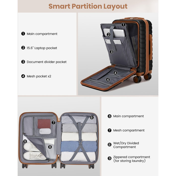 KSK2592 - Kono 21-Inch Front-Opening Cabin Suitcase with 15.6-Inch Laptop Compartment - Black and Brown