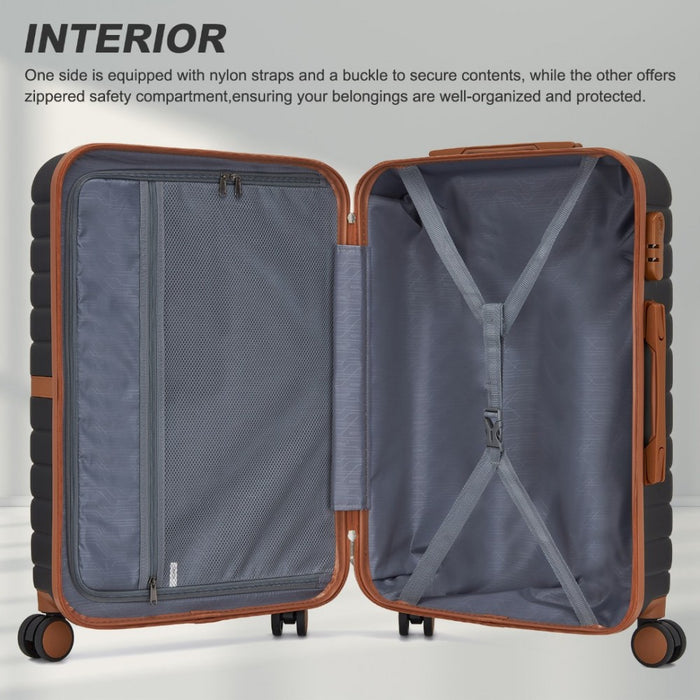 KSK2592 - Kono ABS+PC 20-Inch Striped Design with Colour-Block Details Carry-On Cabin Suitcase with Silent Spinner Wheels - Black and Brown