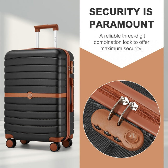 KSK2592 - Kono ABS+PC 20-Inch Striped Design with Colour-Block Details Carry-On Cabin Suitcase with Silent Spinner Wheels - Black and Brown