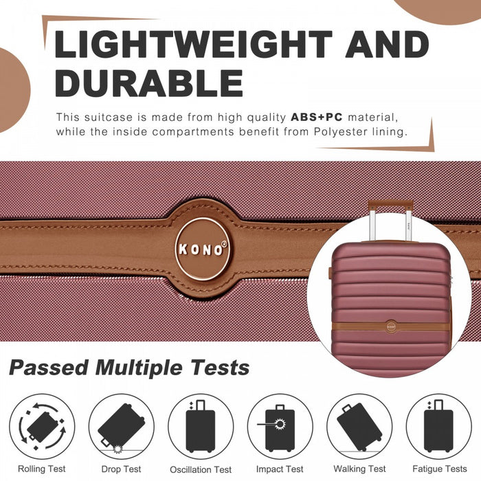 KSK2592 - Kono ABS+PC 20-Inch Striped Design with Colour-Block Details Carry-On Cabin Suitcase with Silent Spinner Wheels - Burgundy and Brown