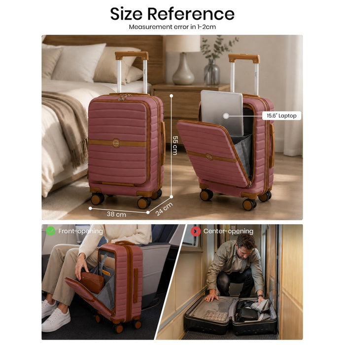 KSK2592 - Kono 21-Inch Front-Opening Cabin Suitcase with 15.6-Inch Laptop Compartment - Burgundy and Brown