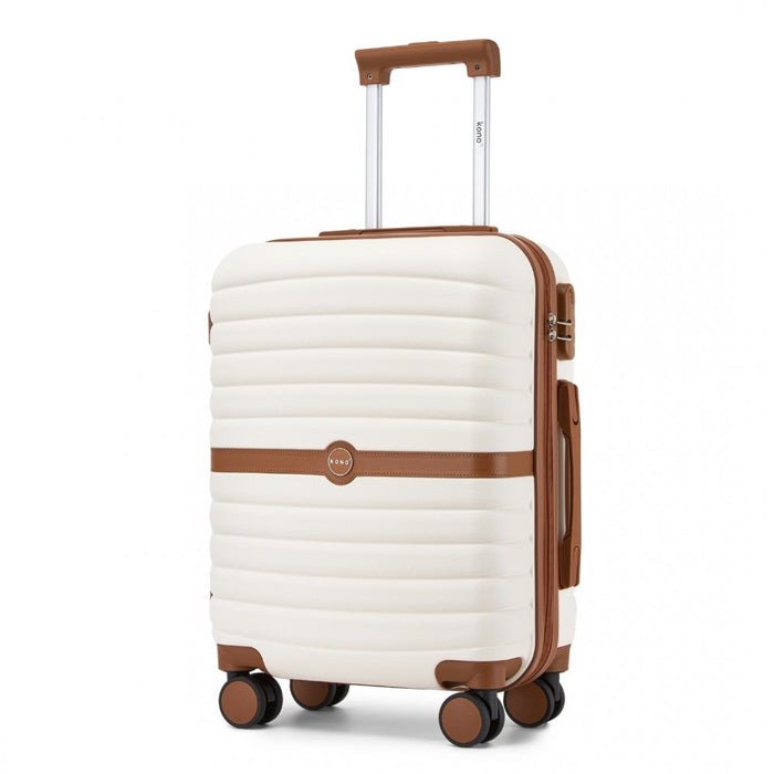 KSK2592 - Kono ABS+PC 20-Inch Striped Design with Colour-Block Details Carry-On Cabin Suitcase with Silent Spinner Wheels - Cream and Brown