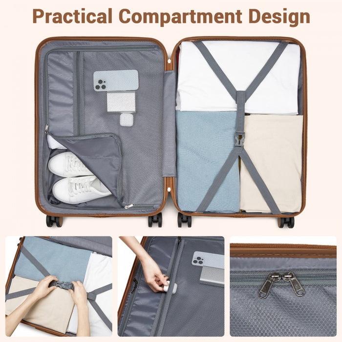 KSK2592+EA2212 - Kono 28 Inch Large ABS+PC Hard Shell Suitcase Set with Travel Bag & Toiletry Pouch - Cream and Brown