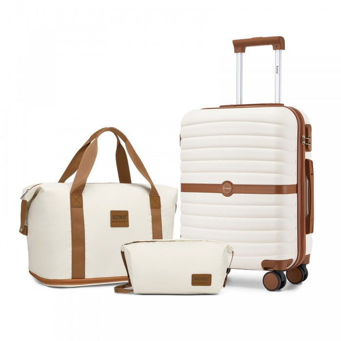 KSK2592+EA2212 - Kono 20 Inch ABS+PC Hard Shell Cabin Suitcase Set with Travel Bag & Toiletry Pouch - Cream and Brown