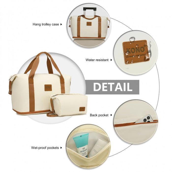 KSK2592+EA2212 - Kono 28 Inch Large ABS+PC Hard Shell Suitcase Set with Travel Bag & Toiletry Pouch - Cream and Brown