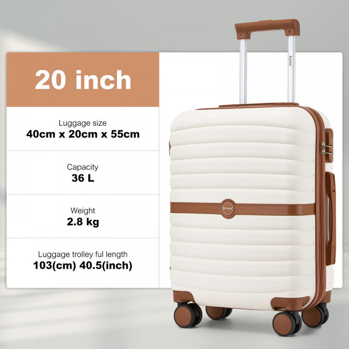 KSK2592+EA2212 - Kono 20 Inch ABS+PC Hard Shell Cabin Suitcase Set with Travel Bag & Toiletry Pouch - Cream and Brown