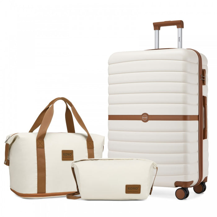 KSK2592+EA2212 - Kono 28 Inch Large ABS+PC Hard Shell Suitcase Set with Travel Bag & Toiletry Pouch - Cream and Brown