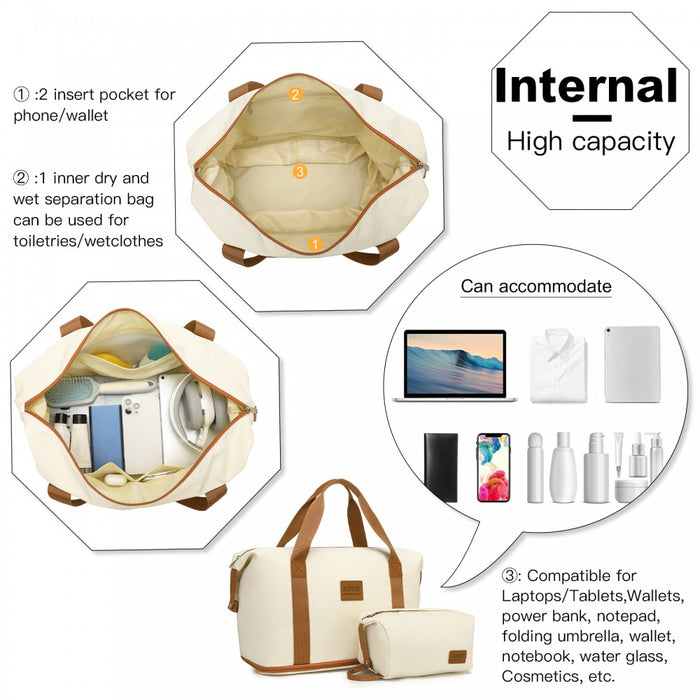 KSK2592+EA2212 - Kono 3‑Piece ABS+PC Suitcase Set with Travel Bag & Toiletry Pouch - Cream and Brown