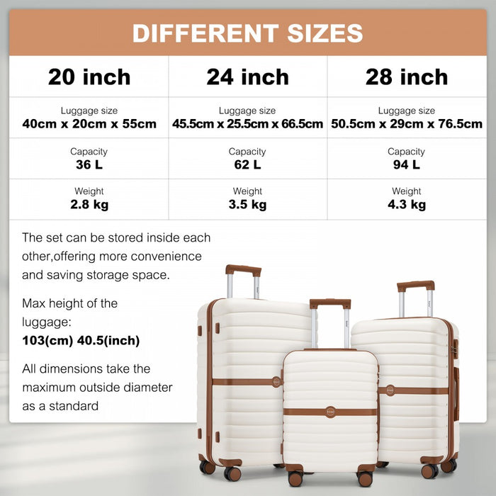 KSK2592+EA2212 - Kono 3‑Piece ABS+PC Suitcase Set with Travel Bag & Toiletry Pouch - Cream and Brown