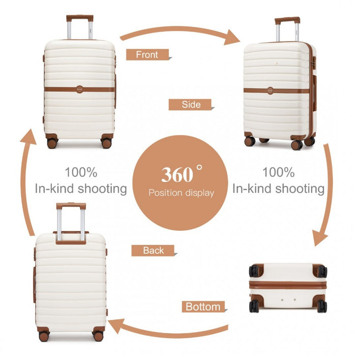 KSK2592 - Kono ABS+PC 20-Inch Striped Design with Colour-Block Details Carry-On Cabin Suitcase with Silent Spinner Wheels - Cream and Brown