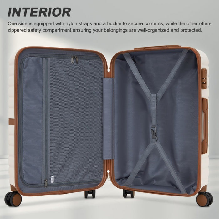 KSK2592 - Kono ABS+PC 20-Inch Striped Design with Colour-Block Details Carry-On Cabin Suitcase with Silent Spinner Wheels - Cream and Brown