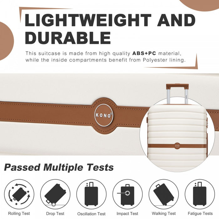 KSK2592 - Kono ABS+PC 20-Inch Striped Design with Colour-Block Details Carry-On Cabin Suitcase with Silent Spinner Wheels - Cream and Brown