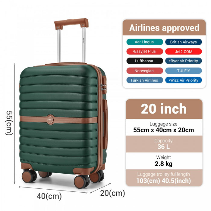 KSK2592+EA2212 - Kono 20 Inch ABS+PC Hard Shell Cabin Suitcase Set with Travel Bag & Toiletry Pouch - Dark Green and Brown