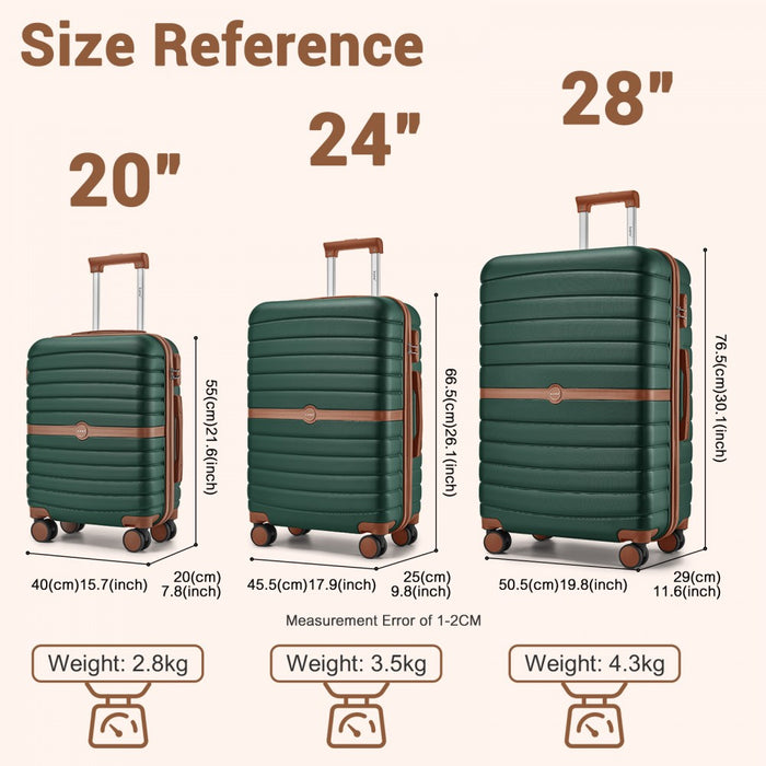 KSK2592+EA2212 - Kono 3‑Piece ABS+PC Suitcase Set with Travel Bag & Toiletry Pouch - Dark Green and Brown