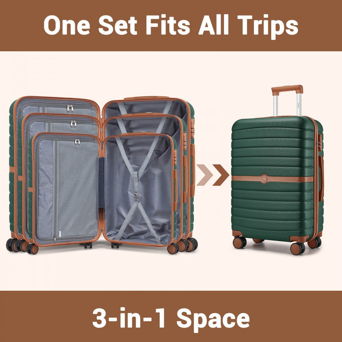 KSK2592+EA2212 - Kono 3‑Piece ABS+PC Suitcase Set with Travel Bag & Toiletry Pouch - Dark Green and Brown