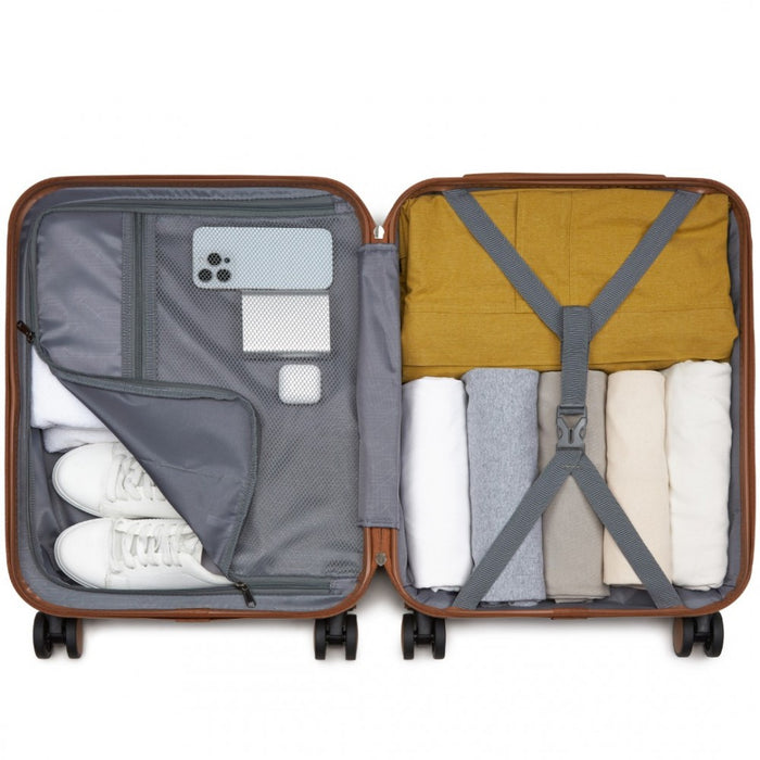 KSK2592 - Kono ABS+PC 20-Inch Striped Design with Colour-Block Details Carry-On Cabin Suitcase with Silent Spinner Wheels - Green and Brown