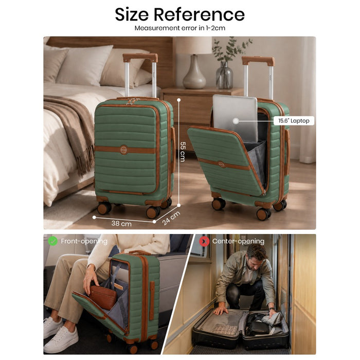 KSK2592 - Kono 21-Inch Front-Opening Cabin Suitcase with 15.6-Inch Laptop Compartment - Green and Brown