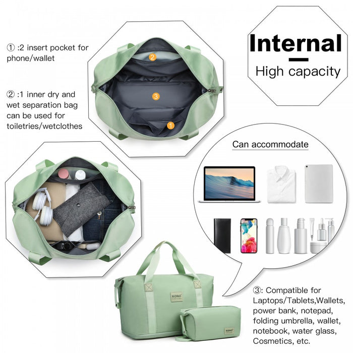 KSK2592+EA2212 - Kono 3‑Piece ABS+PC Suitcase Set with Travel Bag & Toiletry Pouch - Green and Brown