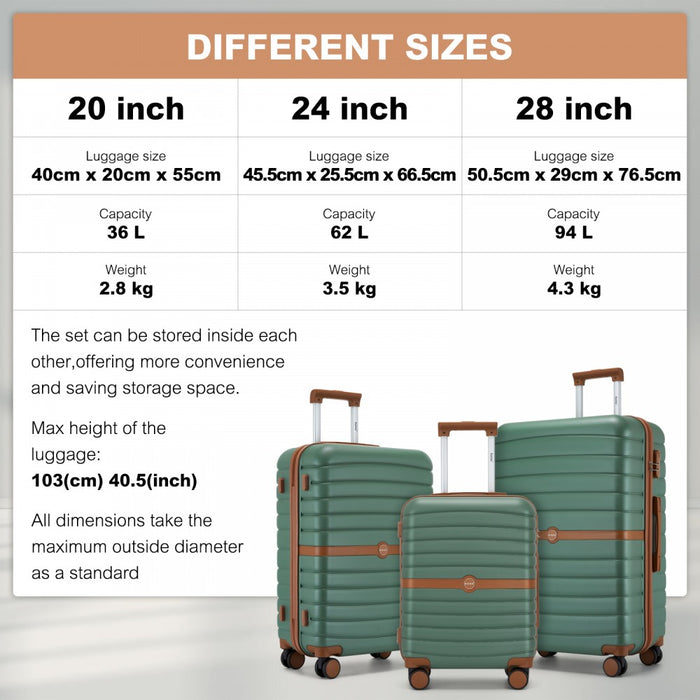 KSK2592+EA2212 - Kono 3‑Piece ABS+PC Suitcase Set with Travel Bag & Toiletry Pouch - Green and Brown