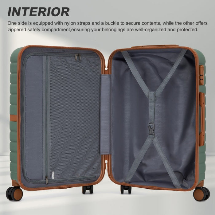 KSK2592 - Kono ABS+PC 20-Inch Striped Design with Colour-Block Details Carry-On Cabin Suitcase with Silent Spinner Wheels - Green and Brown