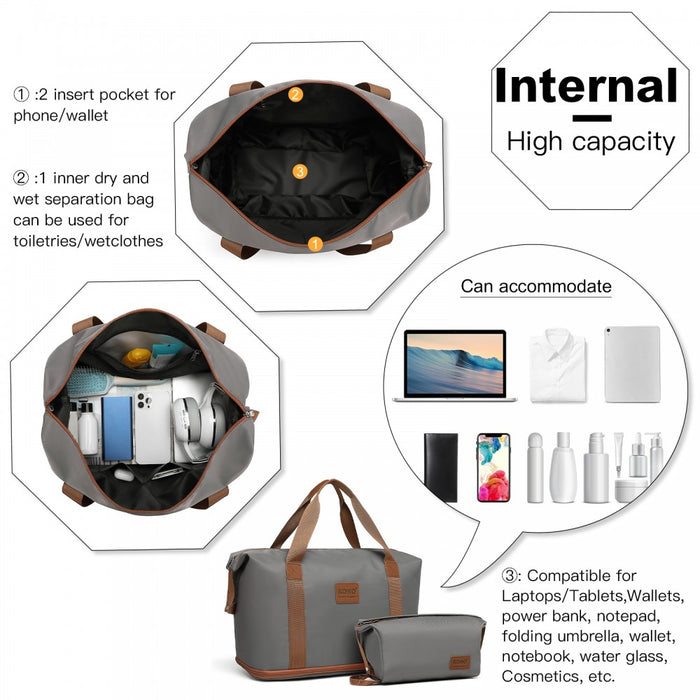 KSK2592+EA2212 - Kono 3‑Piece ABS+PC Suitcase Set with Travel Bag & Toiletry Pouch - Grey and Brown