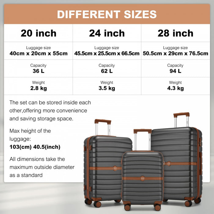KSK2592+EA2212 - Kono 3‑Piece ABS+PC Suitcase Set with Travel Bag & Toiletry Pouch - Grey and Brown