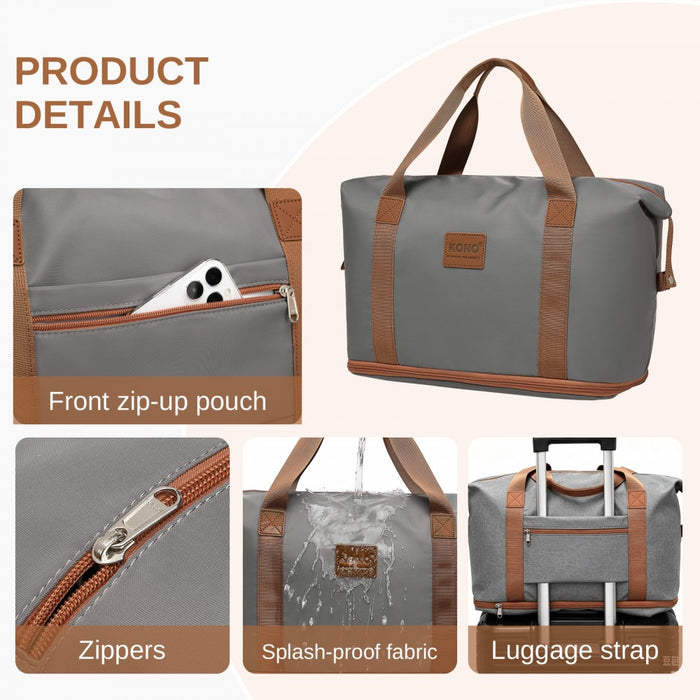KSK2592+EA2212 - Kono 20 Inch ABS+PC Hard Shell Cabin Suitcase Set with Travel Bag & Toiletry Pouch - Grey and Brown