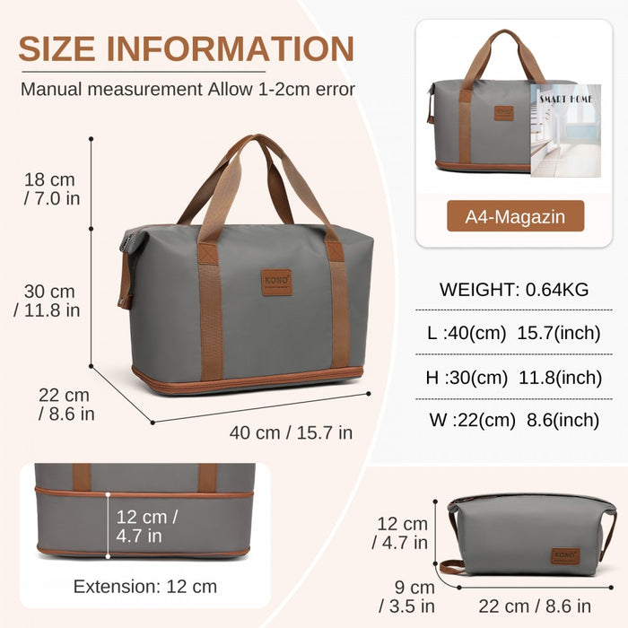 KSK2592+EA2212 - Kono 20 Inch ABS+PC Hard Shell Cabin Suitcase Set with Travel Bag & Toiletry Pouch - Grey and Brown